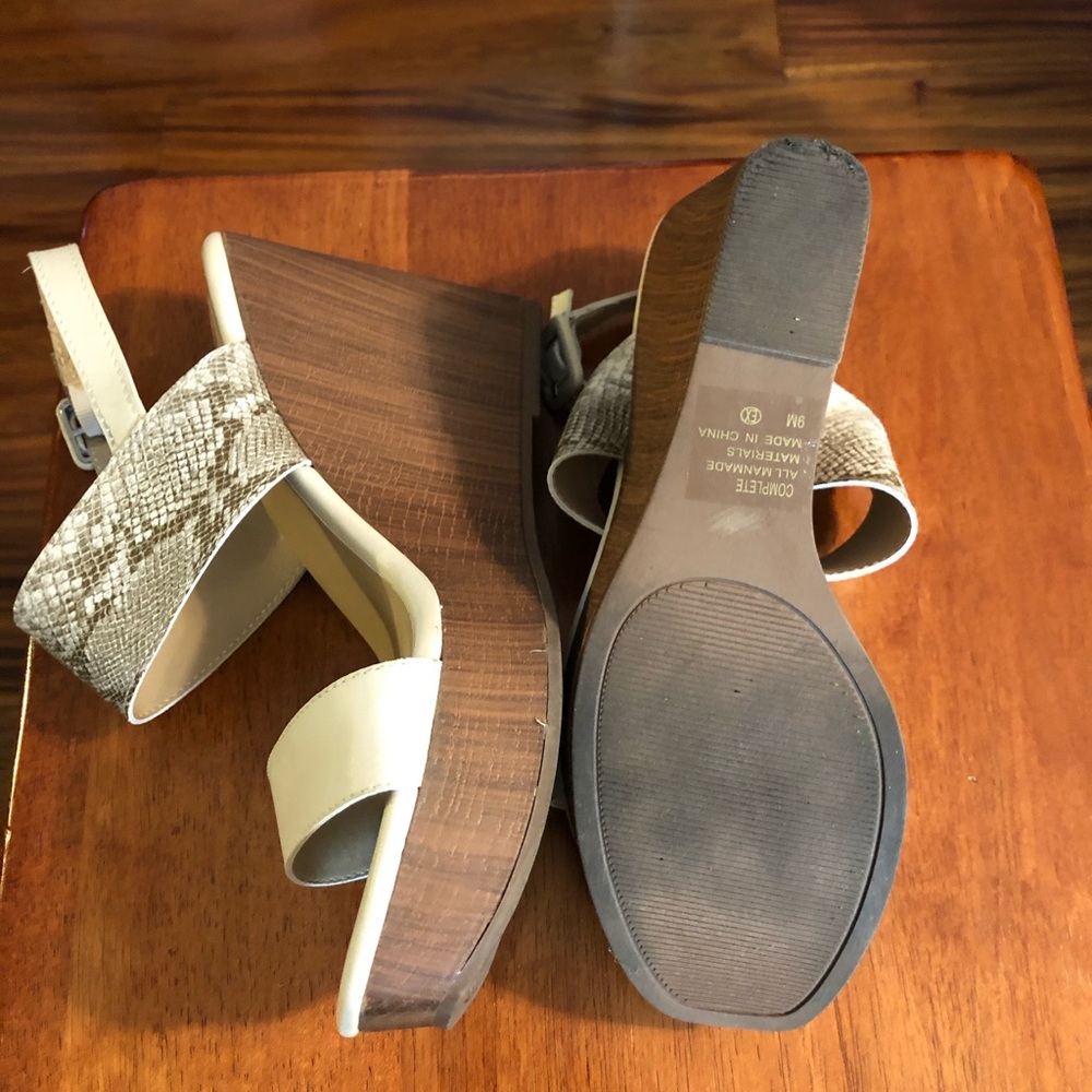 Cream and snakeskin wedges